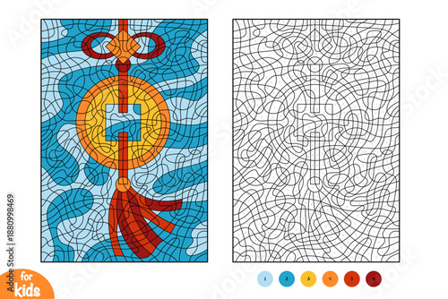 Chinese New Year color by number activity. Traditional coin decoration with red tassel. Educational holiday worksheet for kids. Fun page for preschool and kindergarten.