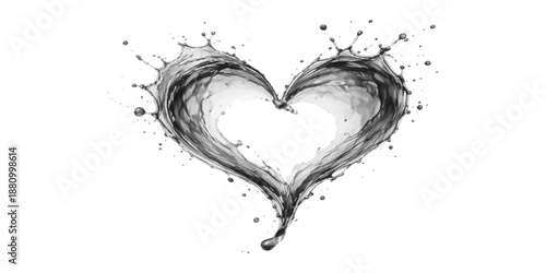 Abstract illustration of a clean heart shape made of clear water splashes with blue liquid drops and transparent bubbles isolated on a white background representing fresh motion and love