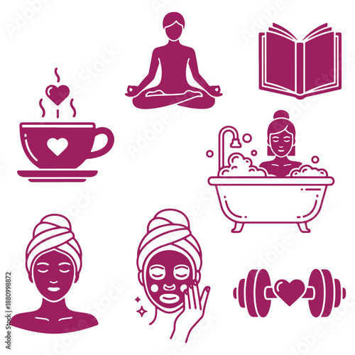 Illustration of various selfcare activities including meditation reading bath exercise and skincare routines