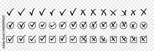 Grunge vector checkmark and cross. Grunge green check mark and red cross mark icon set. brush correct or incorrect sign with circle. Check tick mark icon set. Cross box x check mark checkbox v list 