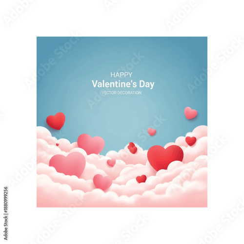 Hearts float on pink clouds with blue sky for Valentine's Day vector decoration.