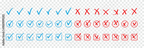 Grunge vector checkmark and cross. Grunge green check mark and red cross mark icon set. brush correct or incorrect sign with circle. Check tick mark icon set. Cross box x check mark checkbox v list 