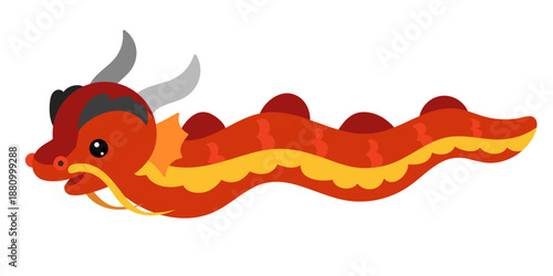 Long flying red Chinese dragon in cute style. Flat vector illustration isolated on white background. Festive symbol for Chinese New Year parades, posters, banners or celebration designs.