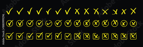 Grunge vector checkmark and cross. Grunge green check mark and red cross mark icon set. brush correct or incorrect sign with circle. Check tick mark icon set. Cross box x check mark checkbox v list 