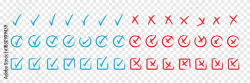 Hand drawn doodle checkmark and cross icons set checklist marks in box and circle grunge brush style vector illustration. hand drawn sketch doodle brush marker checklist symbol wrong right circle.