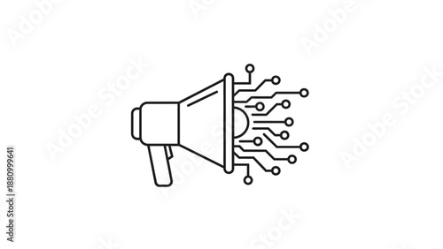 This illustration represents digital marketing and promotion through a modern megaphone symbol connected with data and communication lines. It visually conveys online advertising, brand messaging, and