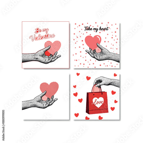 Four valentine cards with hands holding hearts and love messages on white background