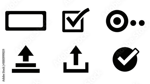 This illustration represents selection, confirmation, and validation actions commonly used in digital interfaces and software systems. The icons include check marks, selection boxes, and confirmation 