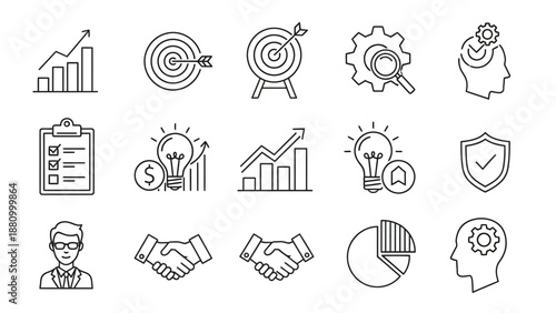 This illustration showcases business growth, achievement, and performance optimization concepts through symbolic icons such as targets, awards, gears, and analytics charts. It visually communicates go