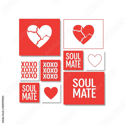 A collection of red and white heart shaped signs and labels with soul mate and xoxo text