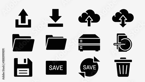 This illustration represents cloud storage and file management concepts used in modern digital platforms. The icons symbolize upl
