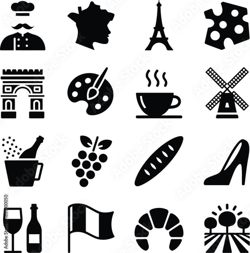 A collection of black vector food icon illustrations featuring a set of different web design symbols and signs in a flat style