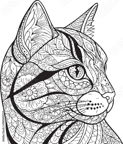 Beautiful zentangle cat head in profile, perfect for adult coloring and relaxation