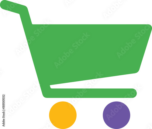 Green shopping cart with orange and purple wheels on transparent background for buying online