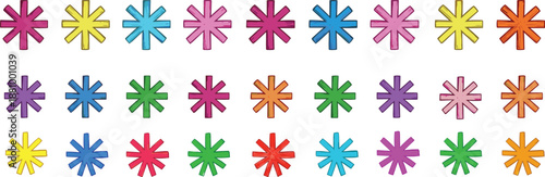 Colorful asterisk star icon vector set. Bright multicolor symbols for decorative design and creative projects. Perfect for highlights, markers, infographics, and modern graphic layouts.