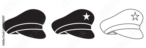 Police Hat Vector Icon Set – Black Law Enforcement Cap Symbols with Badge and 
Star in Flat and Silhouette Style