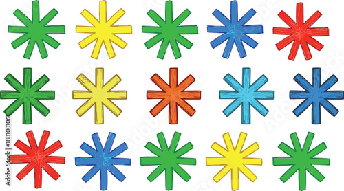 Colorful asterisk starburst icon vector set. Bright abstract symbols in multiple colors for decorative designs. Perfect for highlights, markers, infographics, and creative graphic projects.