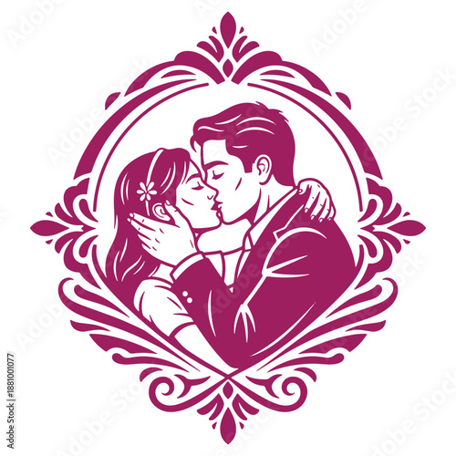Romantic Couple Kissing Illustration in HeartShaped Frame for Valentines Day Card Design