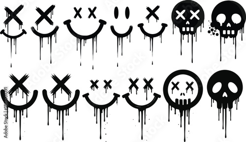 Grunge dripping smiley and skull vector set. Dark emoji faces with paint drips for street art designs. Perfect for posters, stickers, apparel prints, and edgy graphic projects. Isolated collection.