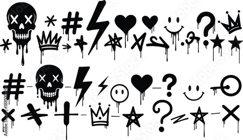 Grunge dripping symbol vector set. Skulls, hearts, lightning bolts, crowns, and graffiti icons for urban designs. Perfect for street art, posters, stickers, and edgy branding projects.