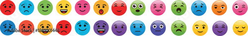 Colorful emoji facial expression vector set. Happy, sad, angry, surprised, and playful emotions in bright round icons. Perfect for apps, social media, stickers.