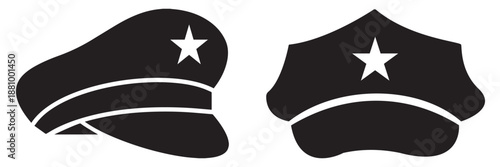 Police Hat Vector Icon Set – Black Law Enforcement Cap Symbols with Badge and 
Star in Flat and Silhouette Style