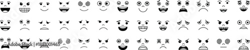 Black emoji facial expression vector set. Happy, sad, angry, shocked, and funny faces for reactions and messaging designs. Perfect for apps, stickers, games, and social media content.