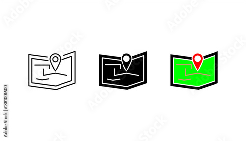 Solid black icon set. of a folded map with location pin, symbolizing navigation, travel planning, destination, and geographic location.