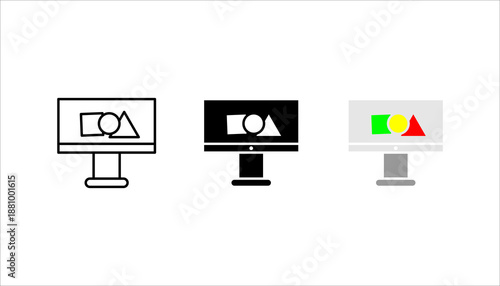Solid black icon set. of a computer monitor displaying abstract shapes, representing digital screen, technology, and modern workspace.