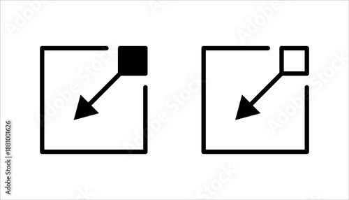 Minimal black icon set. with an arrow pointing outward from a square, symbolizing expand, resize, or external link function in digital interfaces.