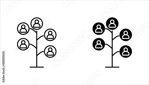Minimal black icon set. showing a tree structure with user symbols, representing people network, organizational hierarchy, and team structure.