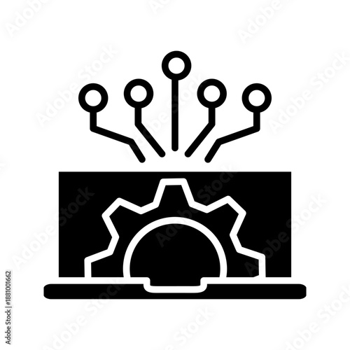 Outline icon of a laptop with gear and connected nodes, representing technology system, software development, automation, and digital innovation.
