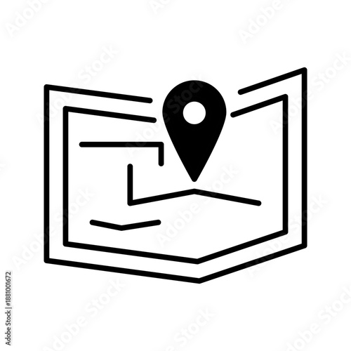 Solid black icon of a folded map with location pin, symbolizing navigation, travel planning, destination, and geographic location.