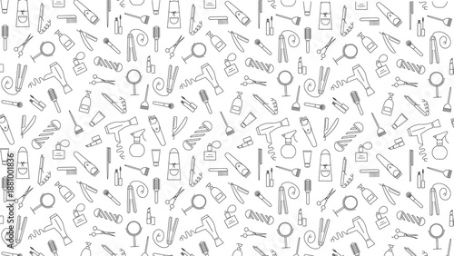 Hair salon tools and accessories seamless pattern on white background
