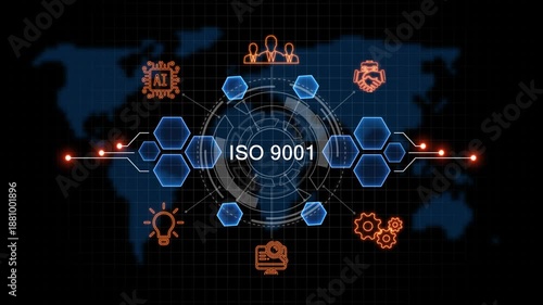 iso 9001 Business, Technology, Internet and network concept. virtual screen of the future and sees the inscription: on world map background. 4k animation  