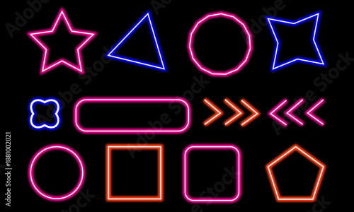 A bright set of glossy neon signs and vector illustrations featuring glowing alphabet text, numbers, and symbols for a 2014 New Year party or bar celebration illuminated against a black night