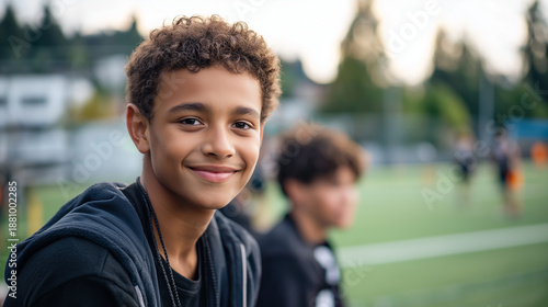 Faceless teenage biracial boy smiles at outdoor sports field youth athletics recreational space adolescent happiness sporting venue defocused background with copy space © Kateryna