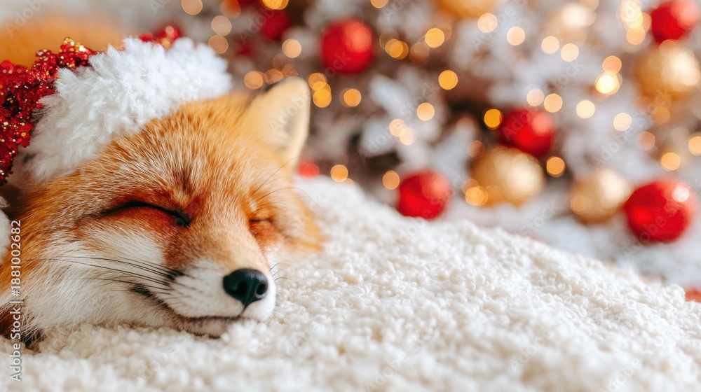 Fototapeta premium Fox resting on soft blanket near Christmas decorations with lights