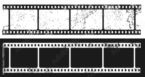 Grunge film strip frame template set with empty slots, vintage cinema reel design with grain, noise and scratch texture