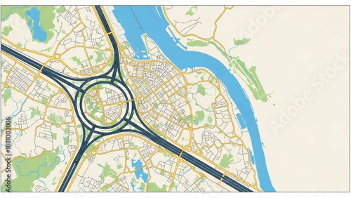 Aerial view of a complex highway interchange near a river with urban landscape