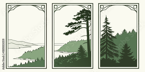 U.S, USA, US, United States - Coastal Forest Triptych — Minimal Green‑Beige Landscape Illustration Series with Pines, Layered Hills & Serene Water Views | Elegant Nature Wall Art for Home or Office
