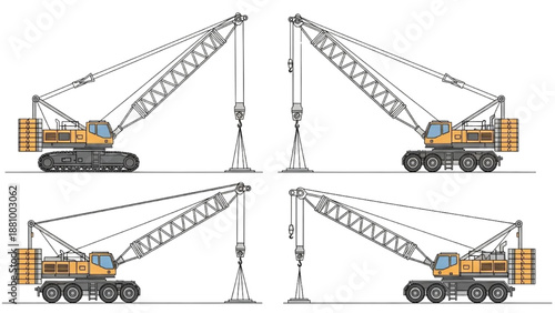 Crane trucks in various operational positions illustrated in a technical drawing style
