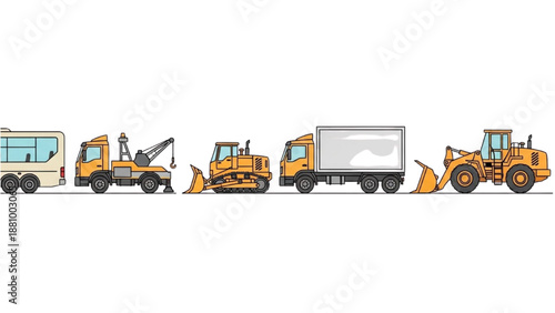 Construction vehicles lined up in a row on a white background viewed from the side