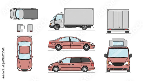 Various vehicles illustrated from multiple viewpoints showcasing different modes of transport