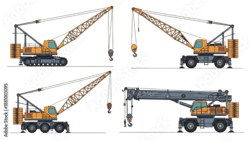 Crawler cranes in various configurations and views on white background