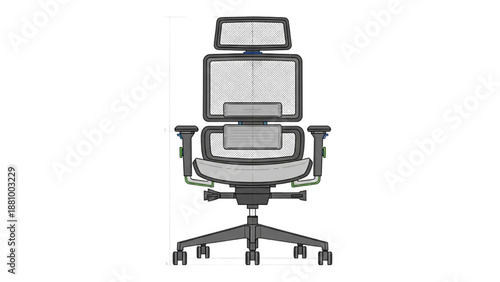 Modern Office Chair Illustration with Ergonomic Design and Adjustable Features in a Workspace Environment