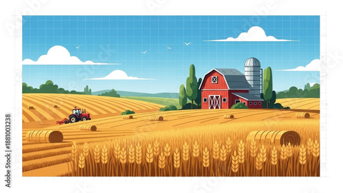 Tractor harvesting crops in a vast golden field with a red barn and silo in the background under a blue sky