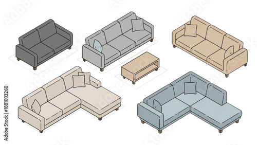 Collection of various colored sofas and a coffee table arranged in a modern living room setting from an overhead viewpoint