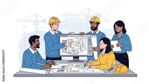 Team of architects and engineers collaborating on a construction project