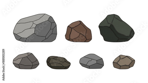 Collection of varied rocks and stones illustration on a plain background from a straightforward viewpoint